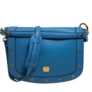 MCM Blue Pebbled Leather Shoulder Bag Gold Hardware Excellent Condition